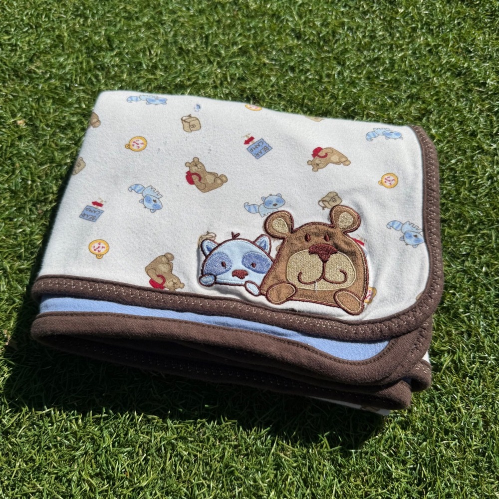 Vtg Carters Just One Year Baby Blanket Bear Camp Raccoon Blue Brown Trim 33x25